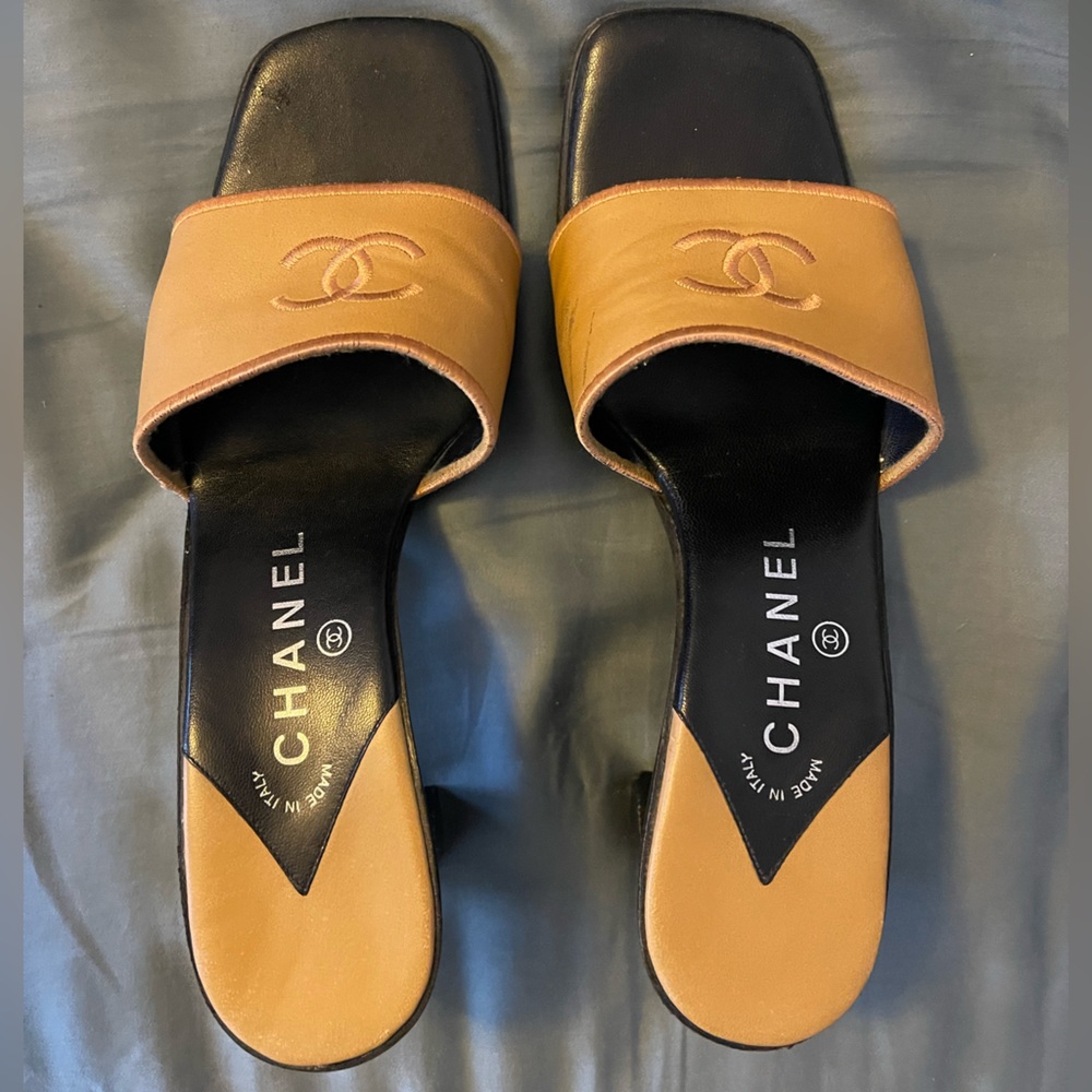 Black and tan Chanel slide sandal mule heels